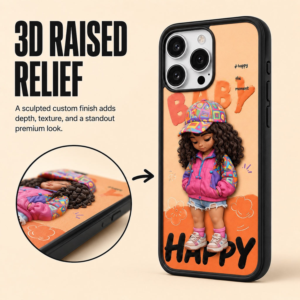 Custom chibi character made from a photo, printed in 3D relief on a phone case