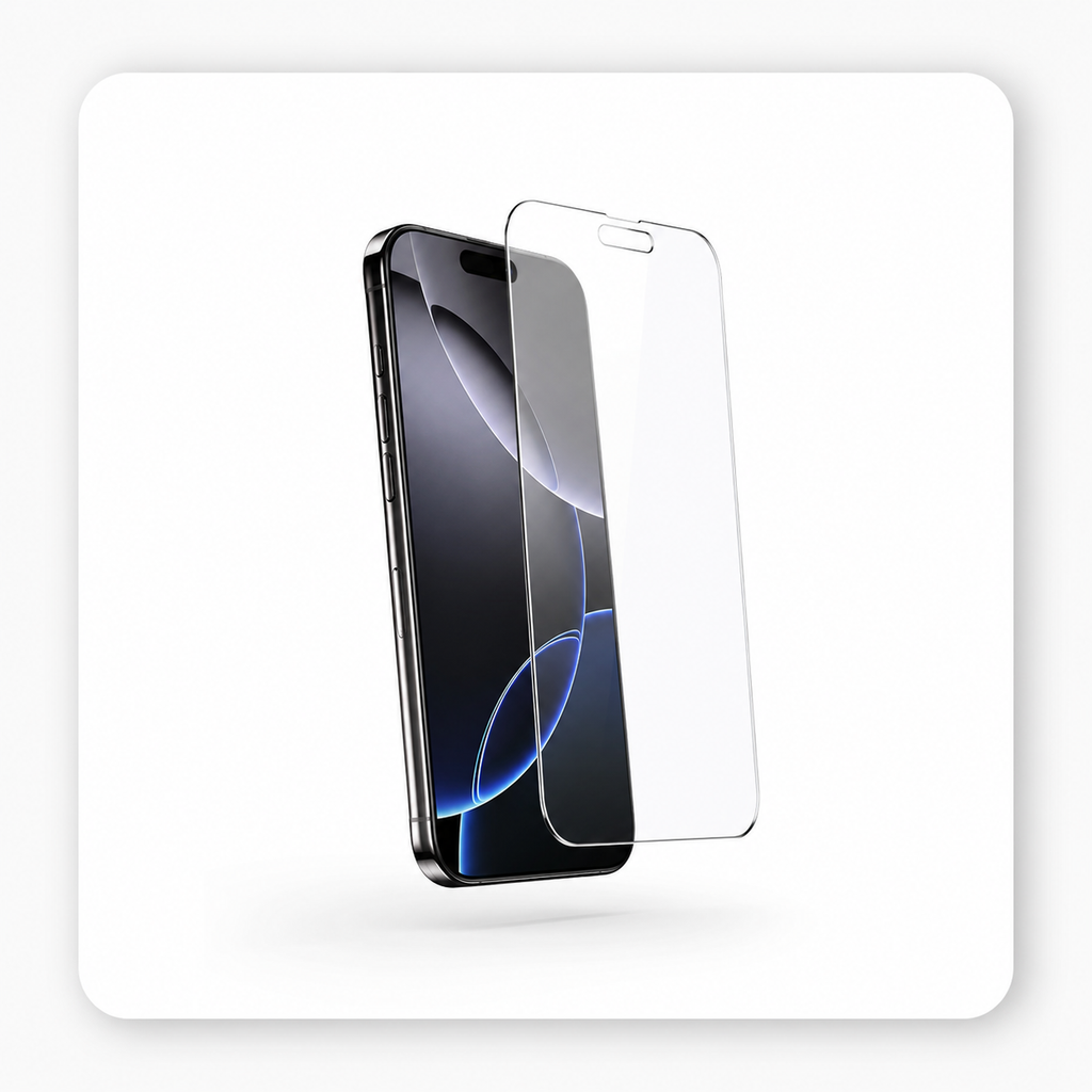 Full-coverage screen protector with clean edges fitted to an iPhone